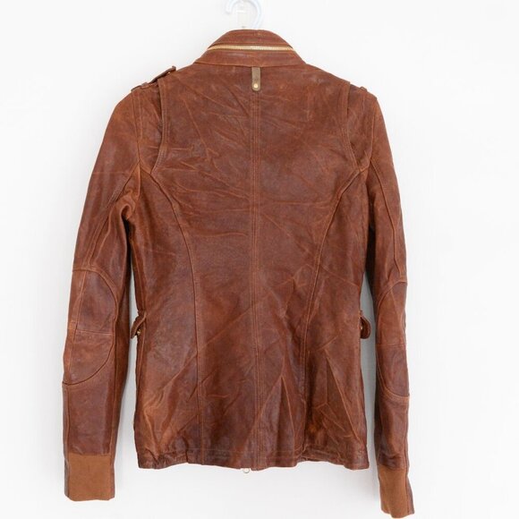 Mackage Brown 100% Leather Designer Zip Up Flap Pocket Hood Biker Jacket XXS - Picture 11 of 16